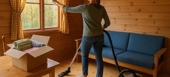 Person städar sommarstuga inför höst och vinter – dammsuger golv, torkar fönster